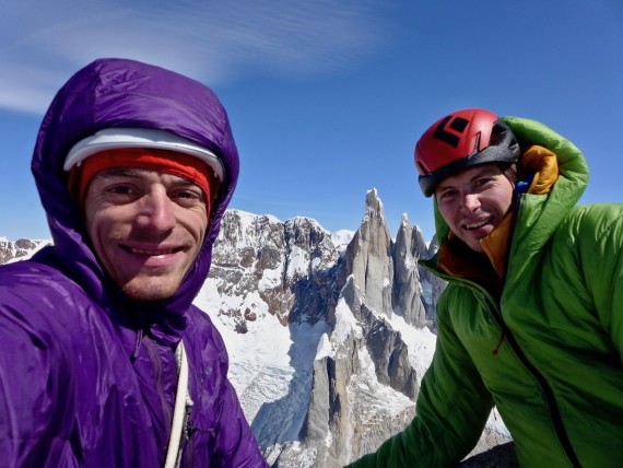 Luka Krajnc in Luka Lindič na vrhu St. Exupery po preplezani novi smeri Mir