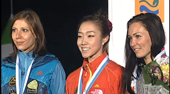 Srebrna Mina Markovič, zmagovalka Korejka Jain Kim (na sredi), tretja Dinara Fakhritdinova iz Rusije